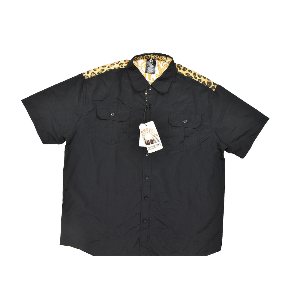 Akademiks Men's 2XL Black Short Sleeve Button Down Shirt Leopard Graphic Sublima